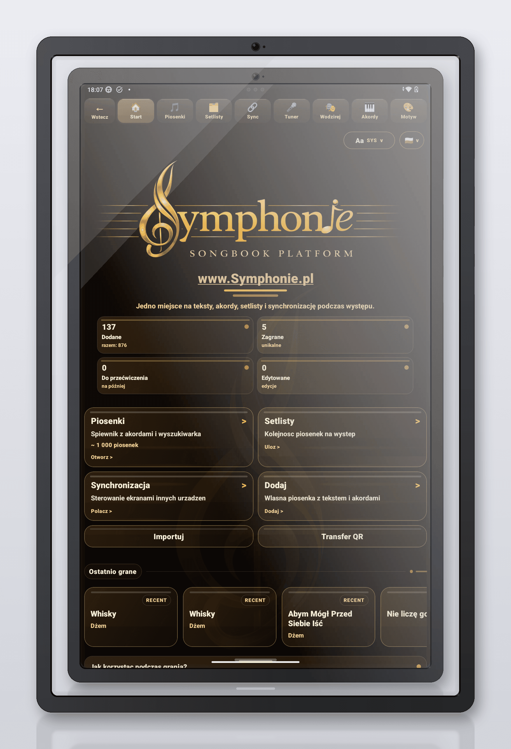 Symphonie start w ciemnym motywie